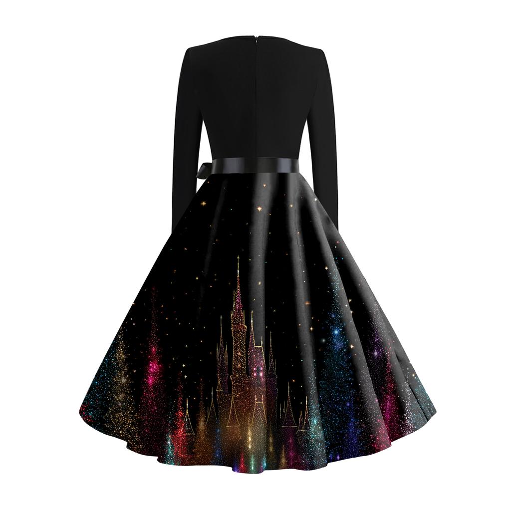 Women's Casual Fashion Long Sleeve Christmas Graphic Printed Vintage Long Dresses