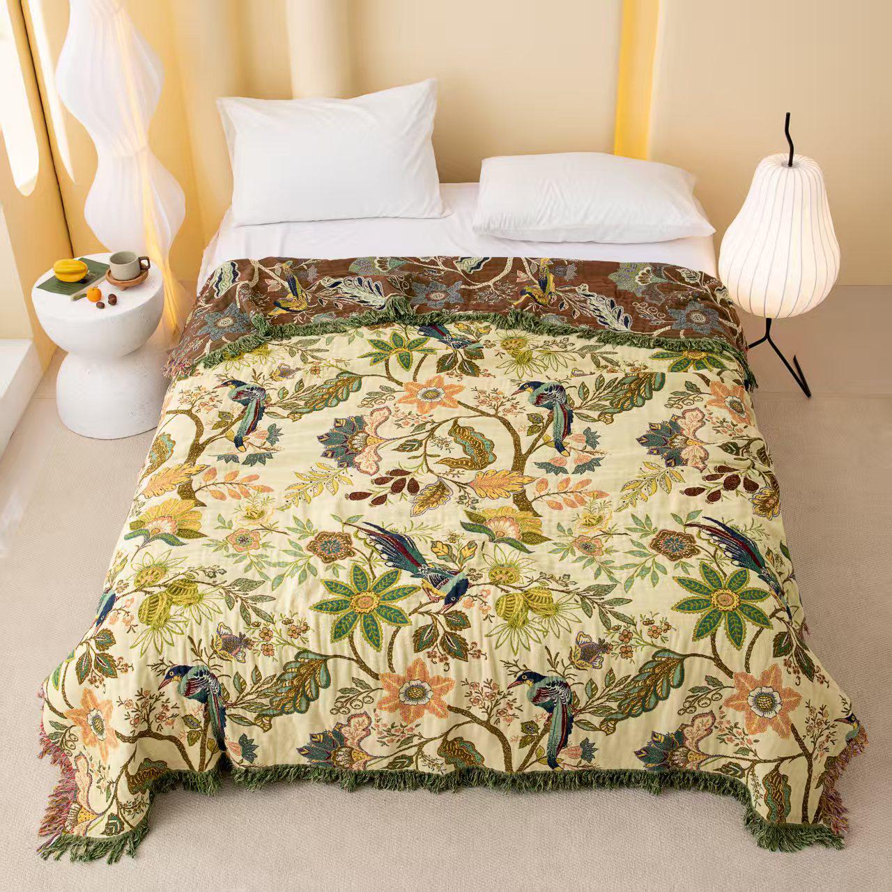 Four Seasons Pure Cotton Floral Throw Blanket with Tassels, 4-Layer Gauze, Multipurpose Sofa Cover. 2x2.3