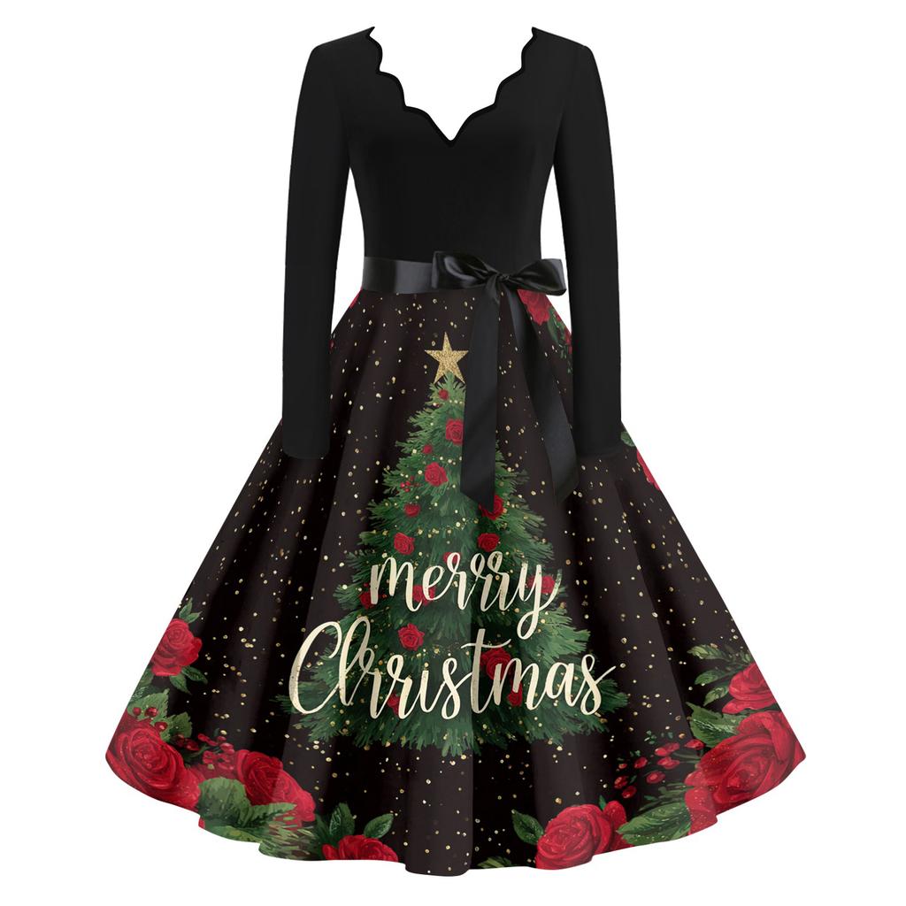 Women's Casual Fashion V Neck Christmas Printed Vintage Dress