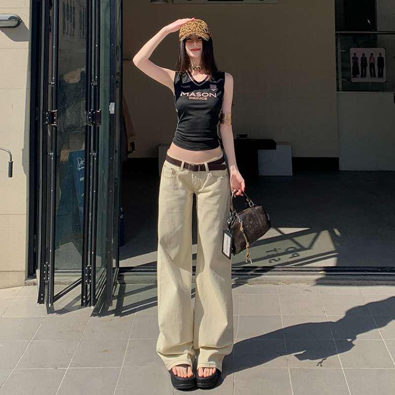 American Spicy Girl Apricot Wide-Leg Low-Rise Jeans - Spring Slimming Loose Straight-Leg Floor-Length Pants L
