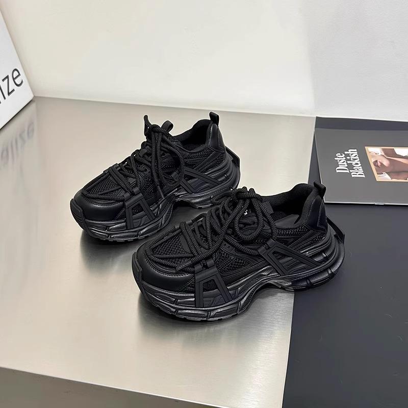 Leather platform dad shoes women's autumn 2025 new mesh retro color matching versatile height-increasing casual sports shoes