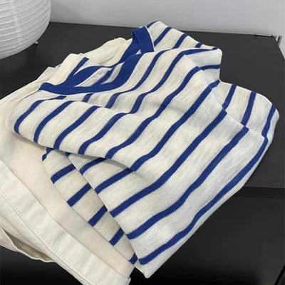 Women's Thin Blue Striped Knitted Sweater Top - Sun Protection, Long Sleeve, Small Size, Summer Blouse