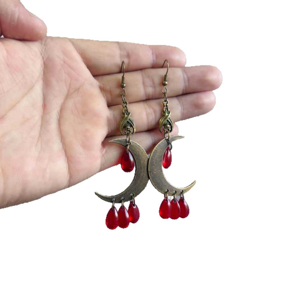 Gothic Bronze Bat Earrings, Moon and Drops, Red Crystal Magic