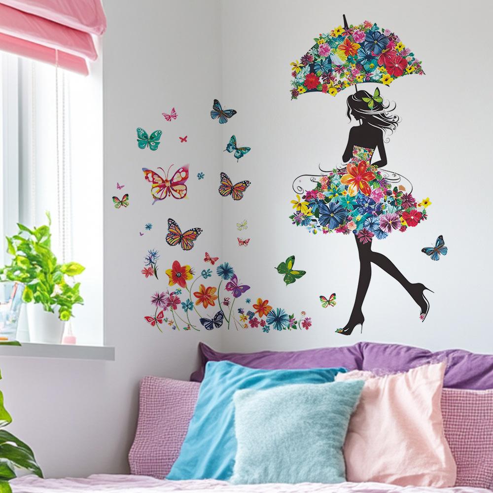 Butterfly Wall Stickers with Girl Silhouette Creative Home Decor for Bedroom Living Room Hallway Background Wall Art Decal