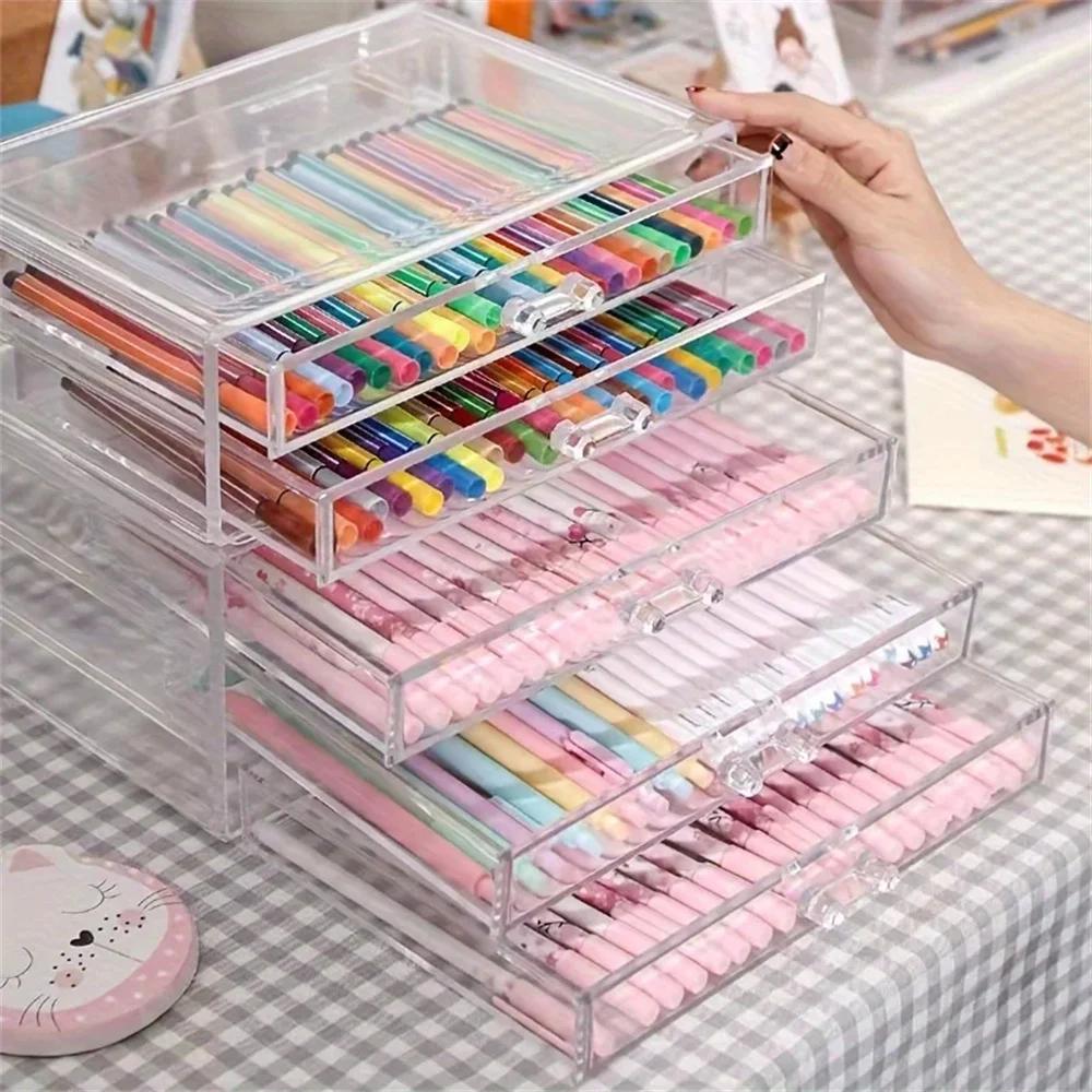 5Layer Acrylic Drawer Clear Office Organizer Drawer for Desk, Pencil Holder Large Desk Accessories Display Caddy for Home
