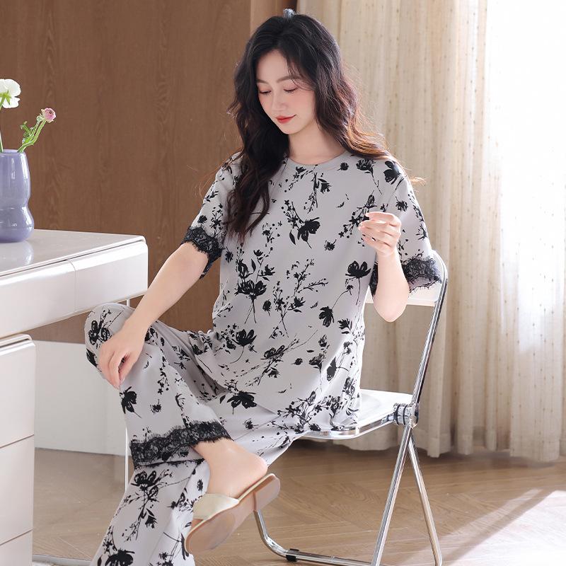 New Pure Cotton Pajamas Women's Spring and Summer Casual Fresh Short-sleeved Trousers Cool Cotton Can Be Worn Outside Loungewear Set