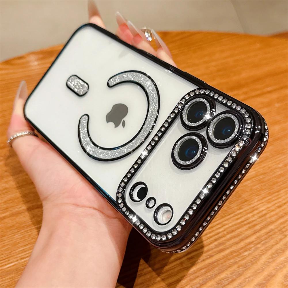 Bling Crystal Lens Film Transparent Case For iPhone 17 16 15 14 13 12 11 Pro Max Plus 17Air 16e Magnetic Wireless Charging Cover