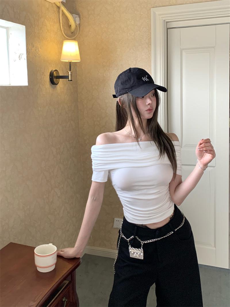 One-word shoulder short-sleeved T-shirt women s summer sexy babes chic slim-fitting waist short temperament versatile top S
