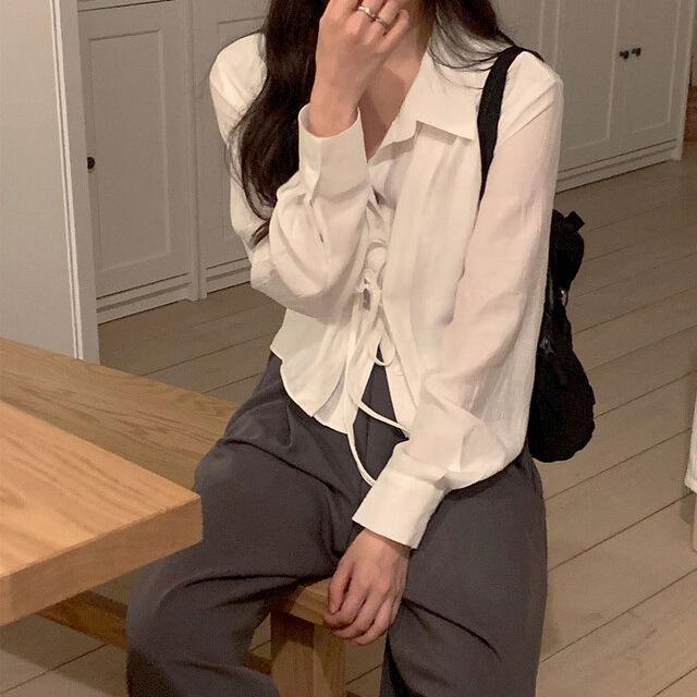 Korean INS Blogger Style 2026 Faux Two-Piece Lace-Up Blouse for Women - Early Spring/Autumn Fashion