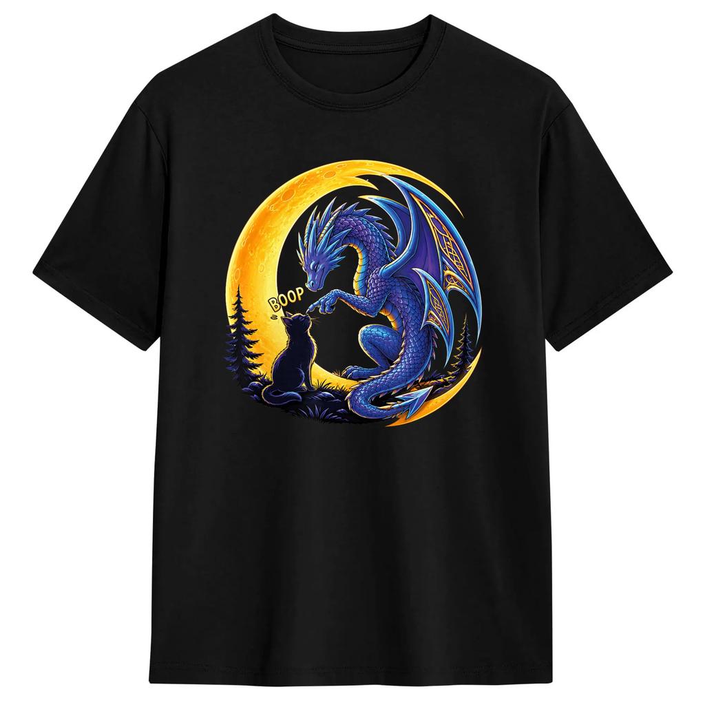 Dragon Boop Cat Under Full Moon Fantasy Night Sci fi T Shirt Summer 100% Cotton T-Shirts For Men's Harajuku Casual Tshirt
