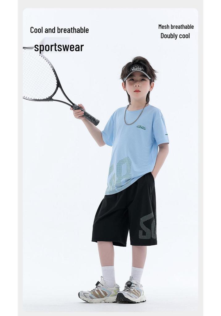 Boys' Ice Silk Summer 2026 Two-Piece Set: Short Sleeve T-shirt & Shorts for Middle and Older Children - Thin Style Sportswear.