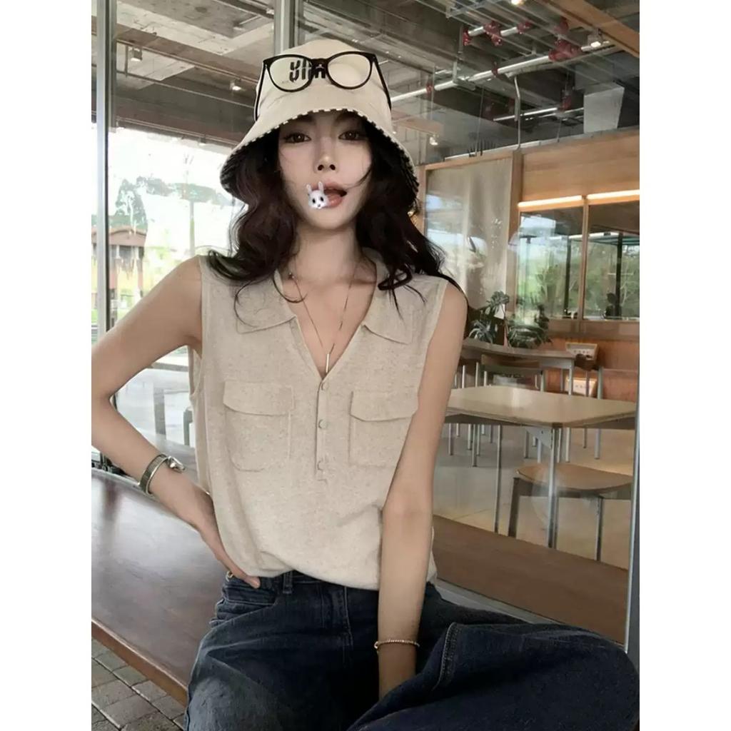 Danren Kochi Linen Ice Silk Lapel Vest Vest Women's Summer Premium V-Neck Skinny Sleeveless Polo Top