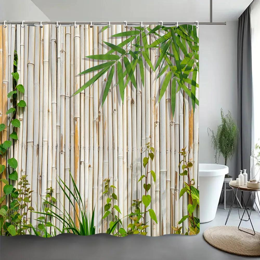 Grønt Bambus Dusjforheng Zen Meditasjon Natur Botanisk Polyesterstoff Dusjforheng Baderomsdekor med Kroker