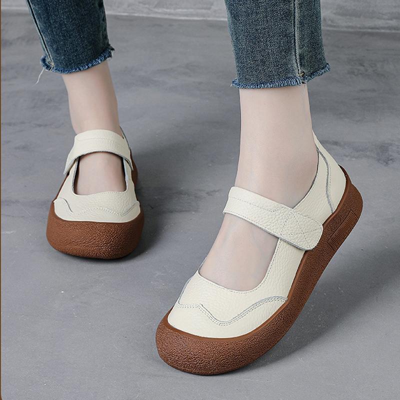 Genuine Leather Mary Jane Flats Women's Luxury Wide Width Shoes Autumn Woman Vintage Flat Moccasins Thick Durable  Loafers
