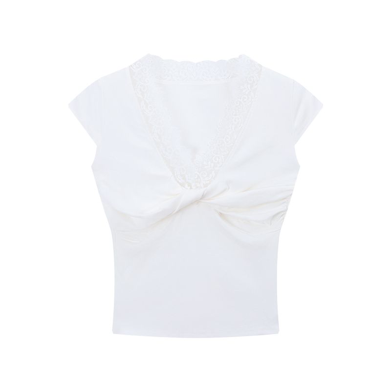 Kumikumi Sweet Gyaru Style Lace Stitching V-neck Short sleeve T-shirt Women Summer Slim fit Slimming Gray All-Match Top