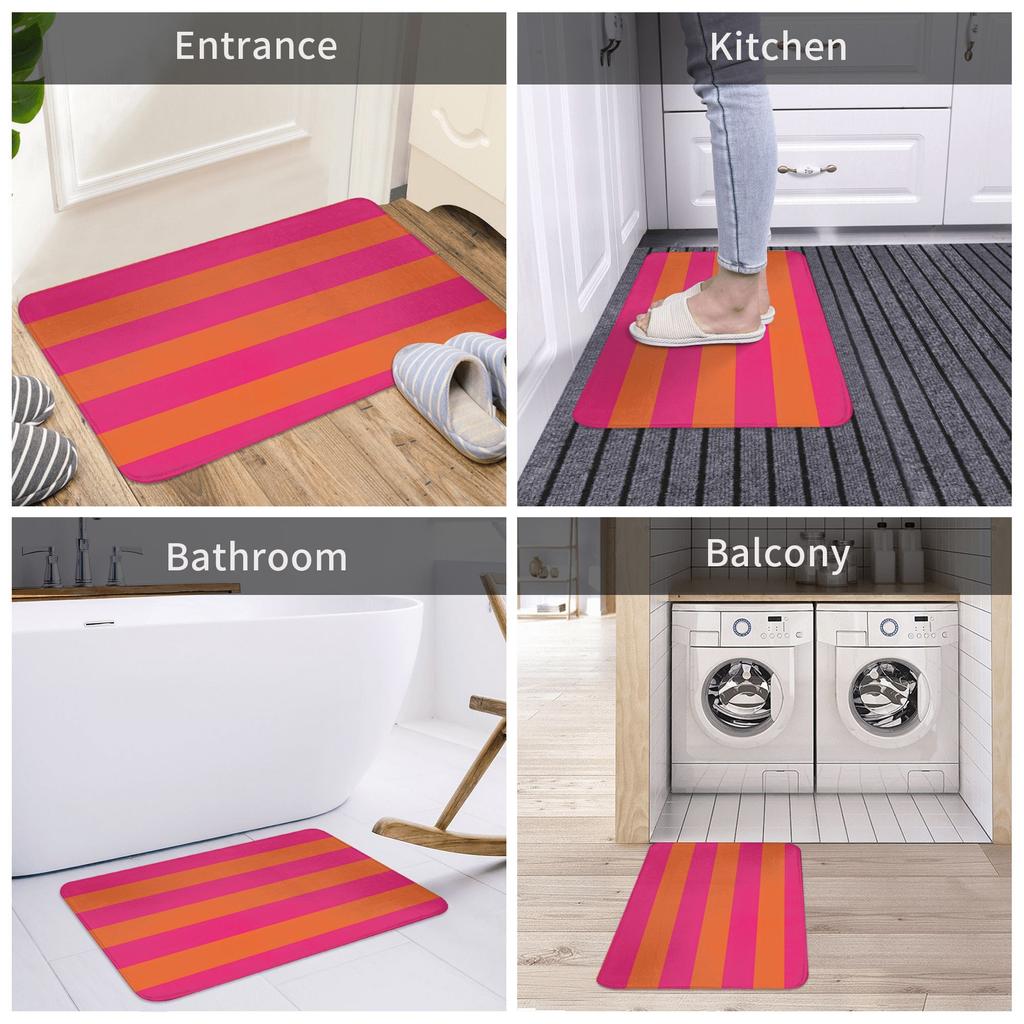 Orange Pop And Neon Pink Horizontal Stripes Motif Flannel Area Rug for Bedroom & Living RoomFloor Mat