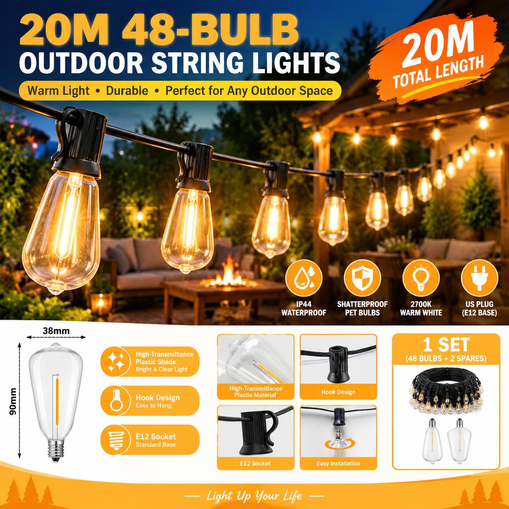 Outdoor LED Faux Tungsten String Lights IP44 Waterproof Warm White for Patio Camping