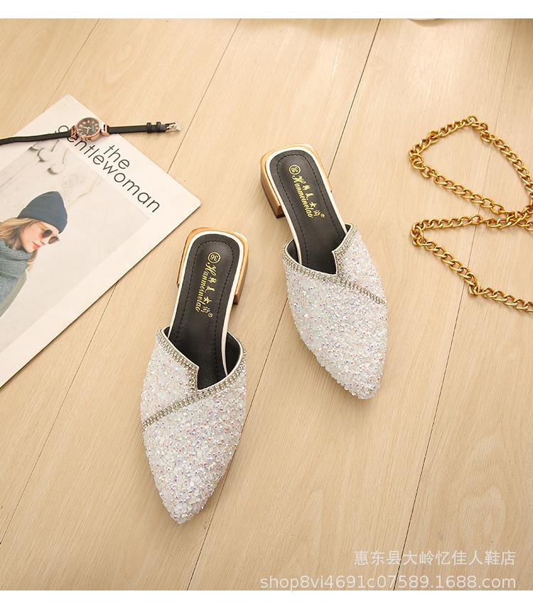 2025 New High-heeled Hot Diamond Bag Head Slippers Pointed Thick Heel Sexy Slippers Women's Catwalk Women's Shoes Wear Cool Slippers