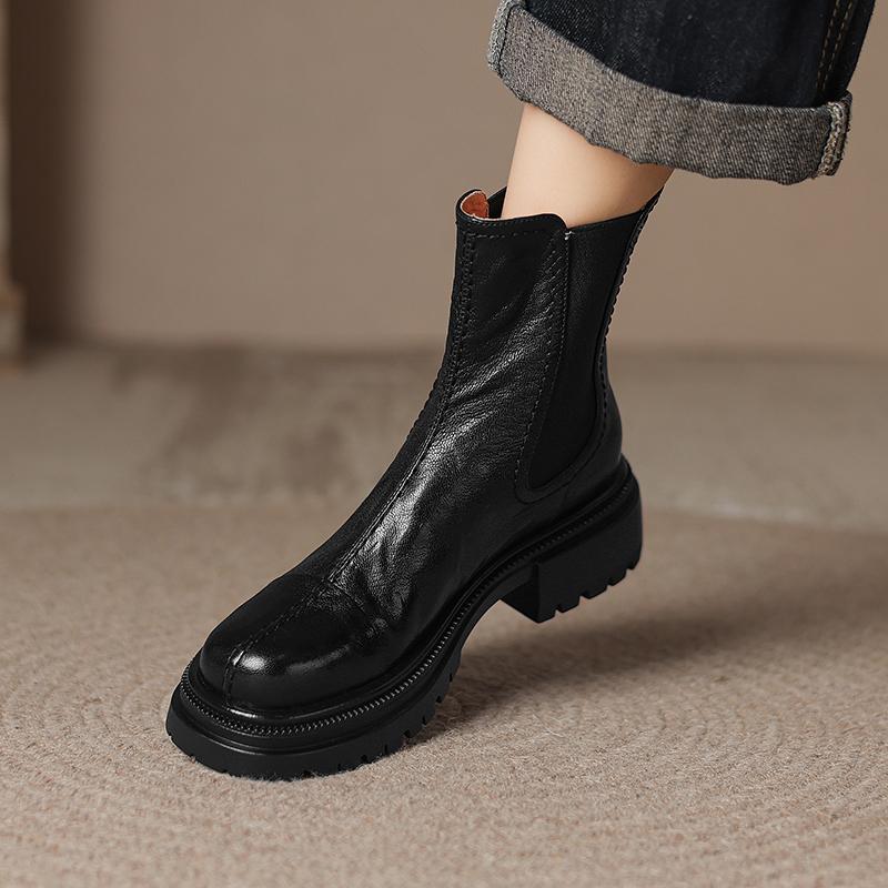 Bottes d'automne 2024 pour femmes, chaussures en cuir véritable pour femmes, bottines à bout rond, chaussures à talons épais, bottes western, chaussures à plateforme