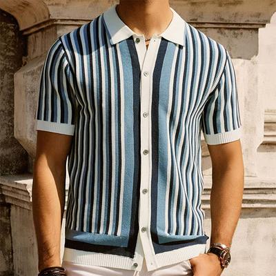 Men's Fashion Luxury Leisure Knit Polo Shirt Striped Button-down Short Sleeve Cardigan Casual Business Knitwear New Summer