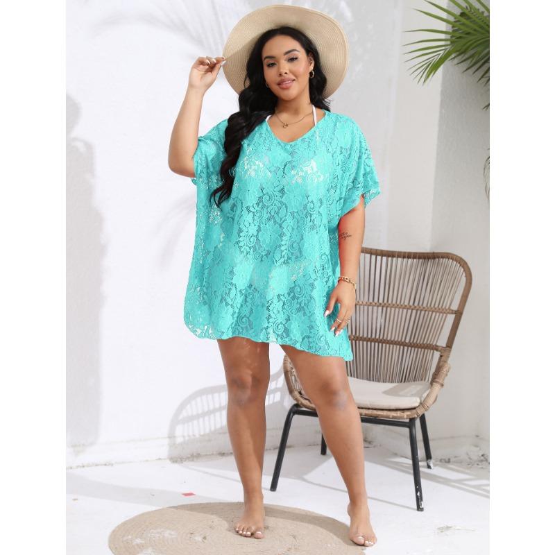 Plus Size Women's Sexy Lace Hollow Out See Through V-Neck Split Beach Dress Cover-ups