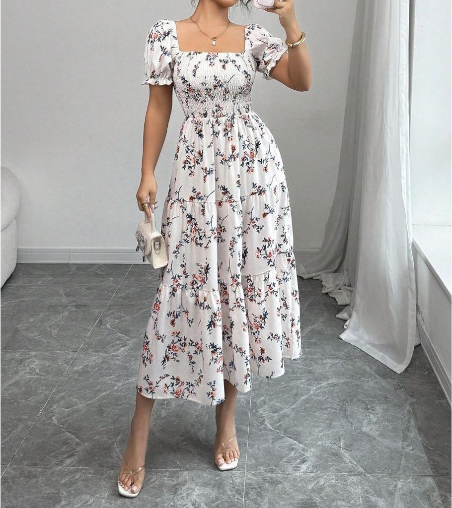 Fashion Women's Casual V-Neck Printed Midi Skirt Elastic Waist Dress