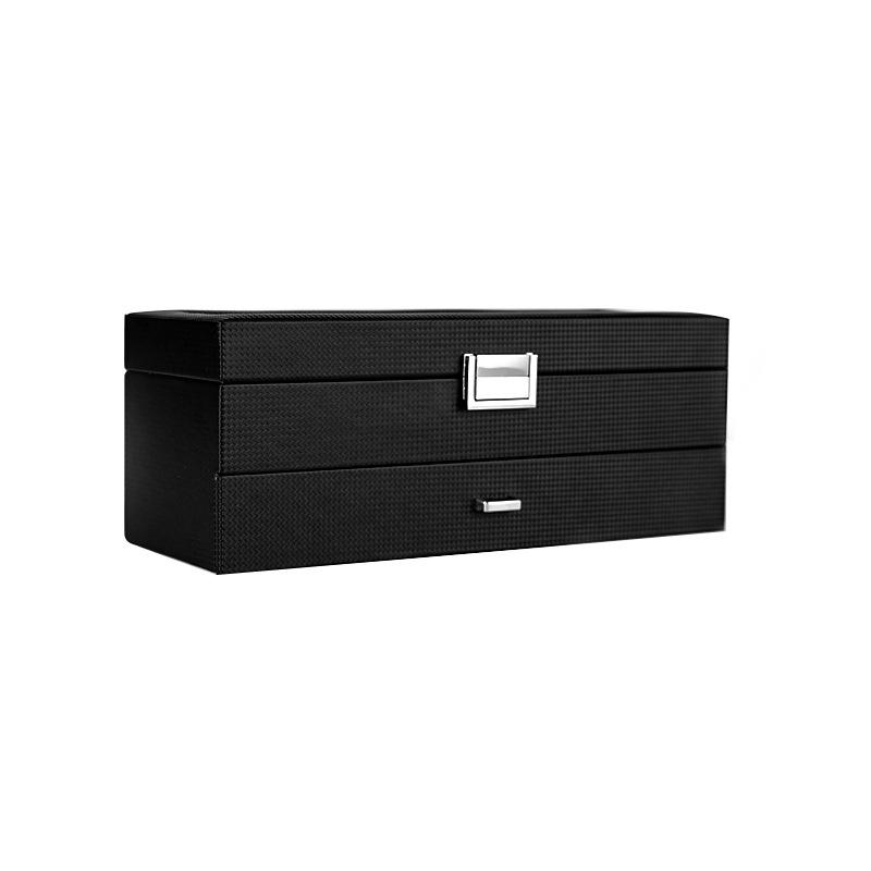 Carbon Fiber PU Double Layer Watch & Jewelry Storage Box - Holds 6 Watches & Cufflinks