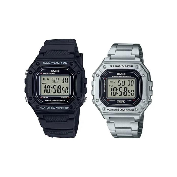 CASIO Digital Collection Quartz Movement Resin Strap Watch Unisex Gray Dial W-218HD-1AV+W-218H-1A Black Strap+Silver Strap