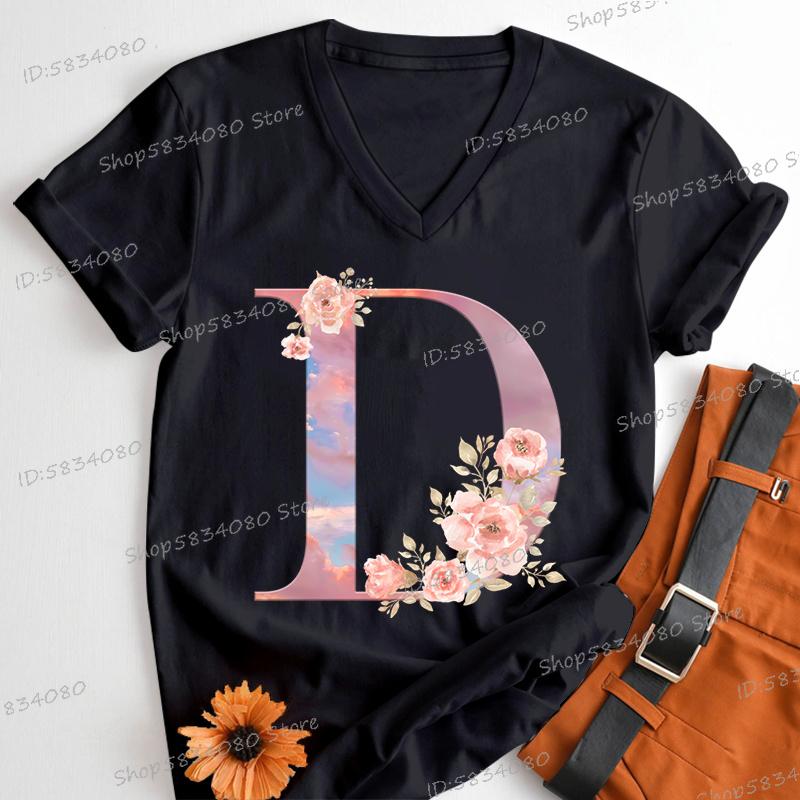 Womens Clothing Pink Flower Alphabet Classic Top Sky Alphabet Cartoon Tshirt FeUnisex Floral Letters A B C D Birthday Gift Shirt
