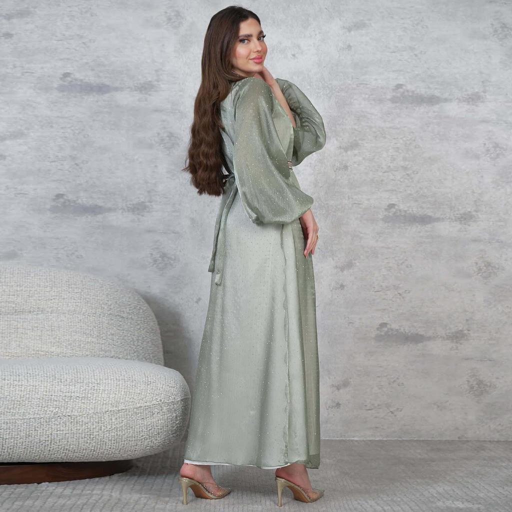 AB453 Puff Sleeve Cardigan: Elegant Long Dress & Robe Set with Hot Drill Accents
