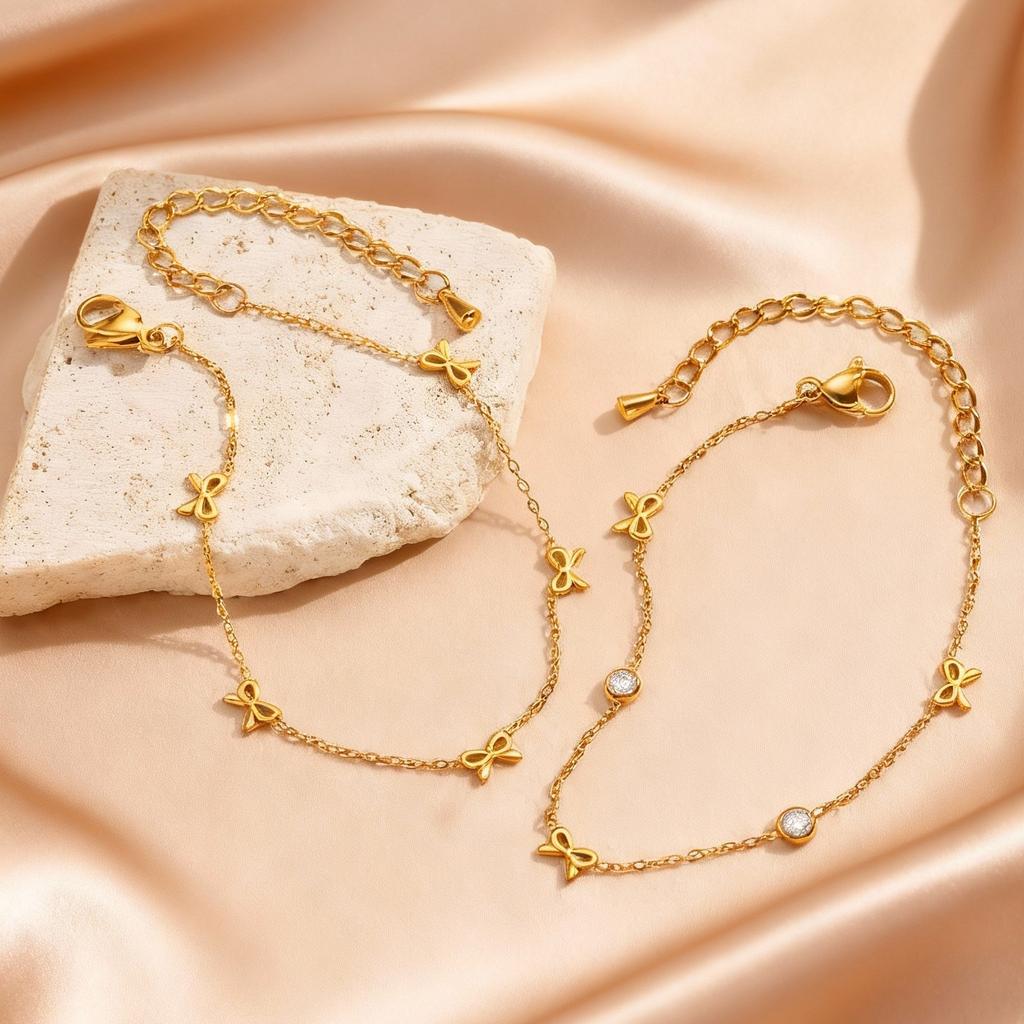 Dainty Bowknot Zircon Chain Bracelet for Women, Gold Plated Stainless Steel Thin Chain Charm Bracelet, Trendy Jewelry Party Gift