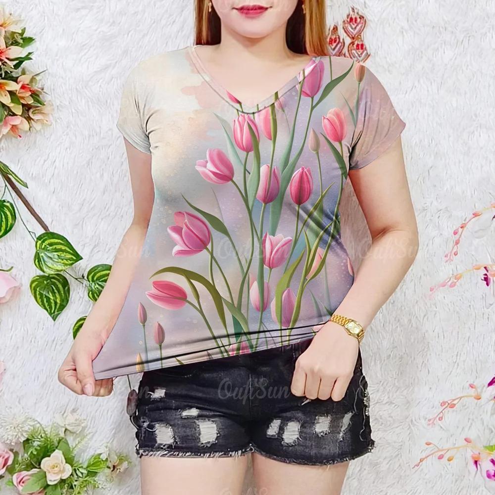 

Летняя женская мода цветочная футболка с цветочным принтом и V-образным вырезом, футболки, женская повседневная одежда с коротким рукавом, стильная уличная одежда для женщин 3XL