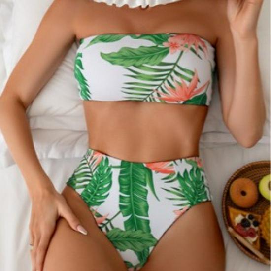 2024 Summer Double-Sided Print Bandeau High Waist Backless Bikini Swimsuit