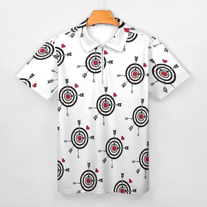 Men's Short Sleeve Zippered Polo Shirt with Target Pattern Design for Breathable and Stylish Summer Casual Wear