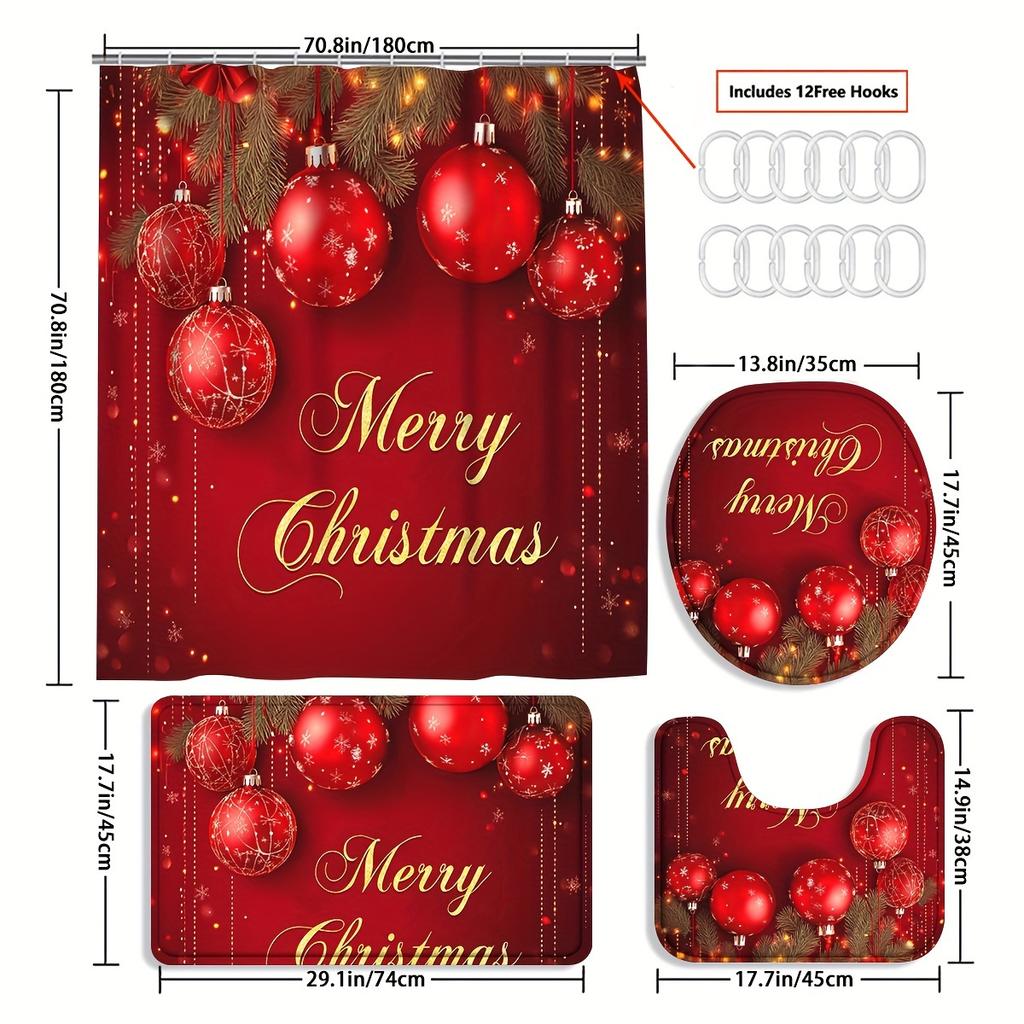 4Pcs Merry Christmas Shower Curtain Set with Non-Slip Bath Mat, Toilet Lid Cover, Contour Rug & 12 Hooks, Bathroom Decor
