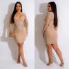 C6312 Fashion Women's Mesh Hot Drilling Solid Color Long Sleeve Short Skirt Dress