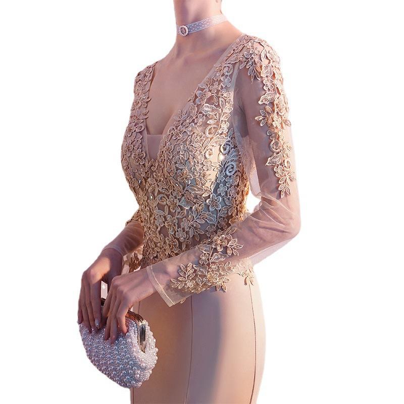 Annual Meeting Dress Fishtail Skirt 1011 New Summer Haute Couture Temperament Long Sleeve Host Catwalk Dress Banquet Evening Dress