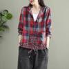 Artistic Retro Checkered Long Sleeved Shirt for Women Spring Autumn Drawstring Tied Casual Short Cardigan Jacket