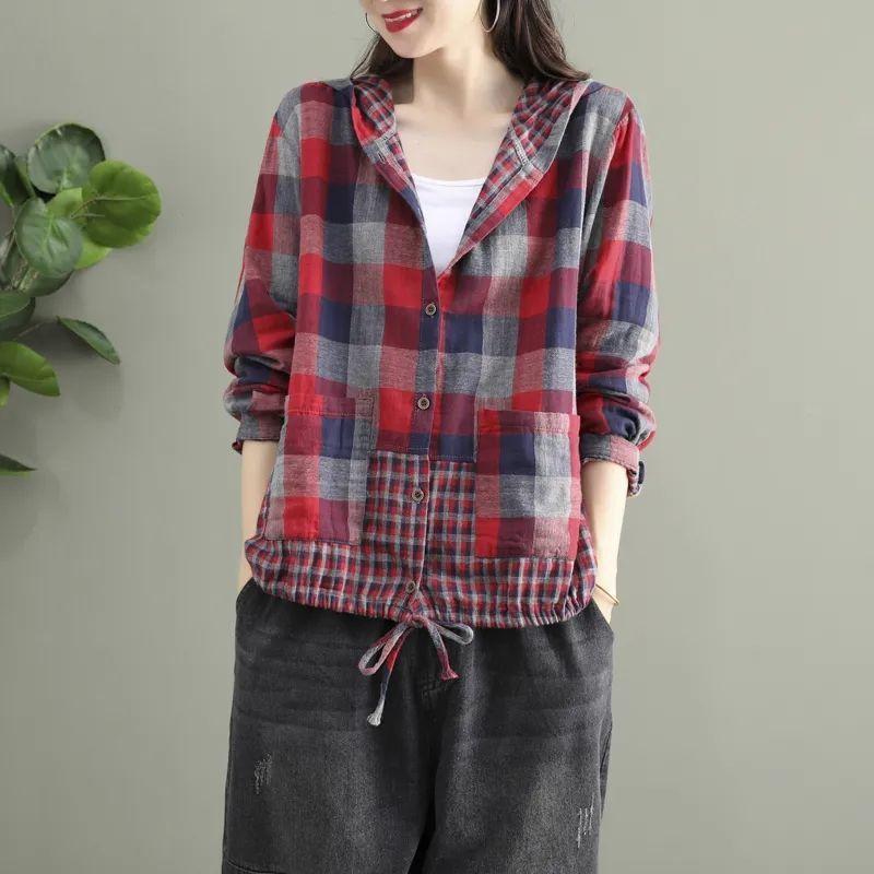 Artistic Retro Checkered Long Sleeved Shirt for Women Spring Autumn Drawstring Tied Casual Short Cardigan Jacket