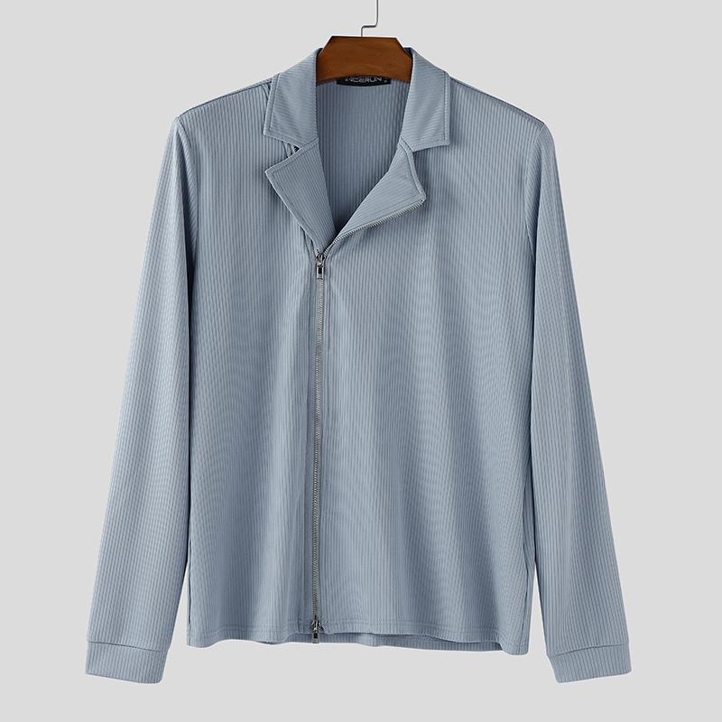 INCERUN Men Lapel Neck Long Sleeve Side Zip-up Casual Fitted Rib Pullovers Undershirts