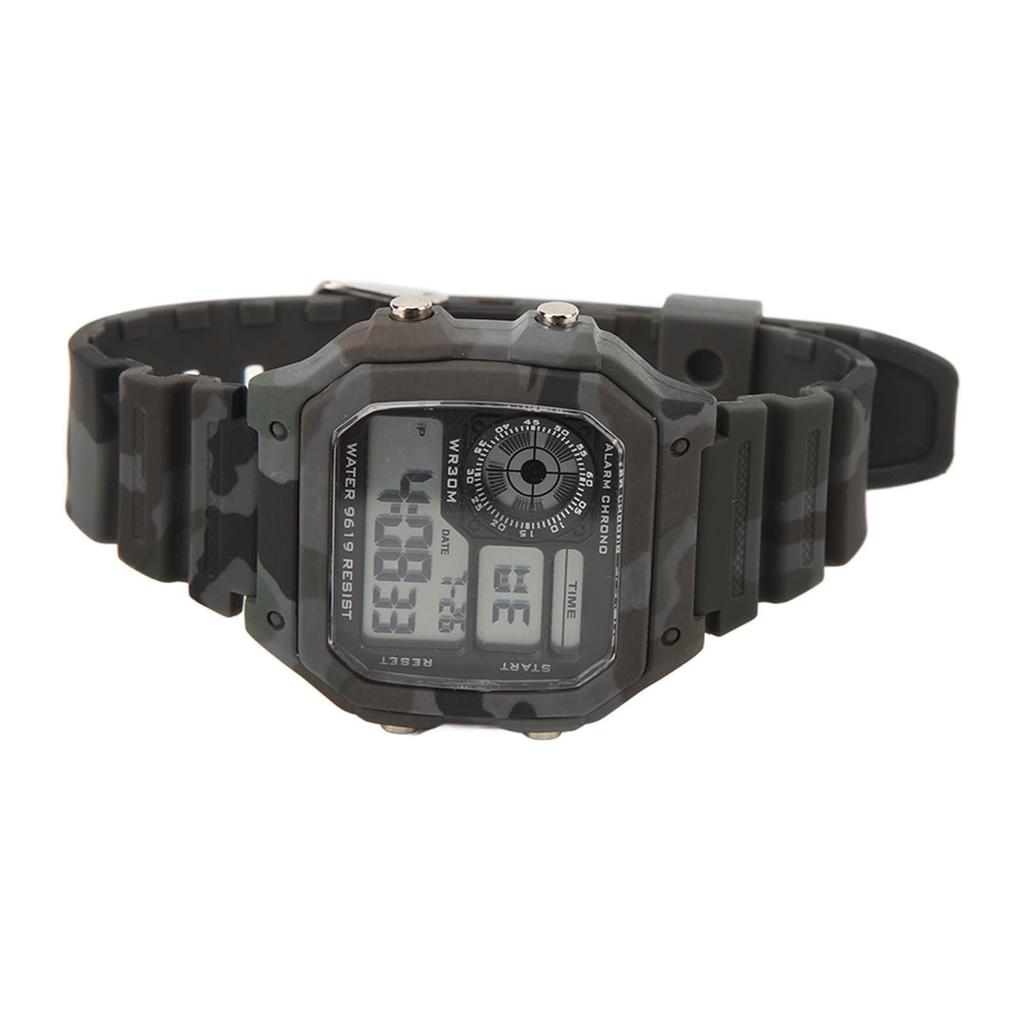 Digital Watch Multi Function Fashion Square Luminous Waterproof Outdoor Sports Chronograph Watch Camouflage Gray