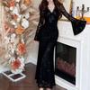 Elegant Lace Bell Sleeve V-Neck Dress for Women - Sexy French-inspired, Spring/Autumn, Figure-Flattering, Tight-Fit, Hip-Hugging Long Dress