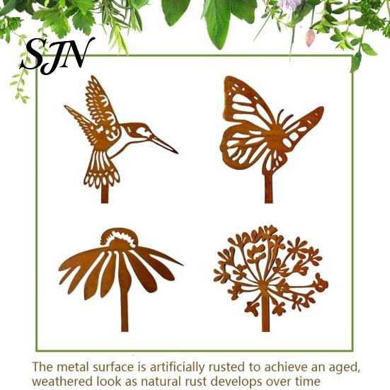 Rust Colored Garden Accents Rusty Silhouette Stake, Rustic Flower Pot Insert for Patio, Vintage Metal Stakes Bird Bee Butterfly And Ladybug
