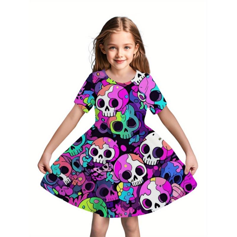 [Holidays And Birthdays] A Colorful, Print Short-Sleeve Dress Featuring a 3D Digital Fashion Design with a Whimsical Skull Pattern, 110