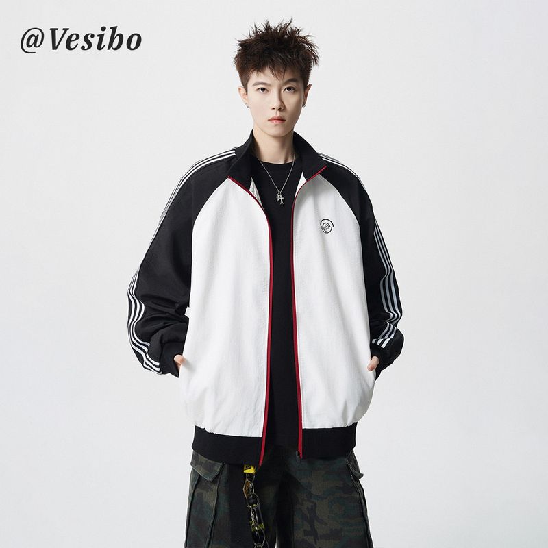 Striped Stand-Up Collar Casual Jacket for Men, Winter American-Style Color-Blocked Sports Top, High Street Versatile Loose-Fitting Couple Jacket