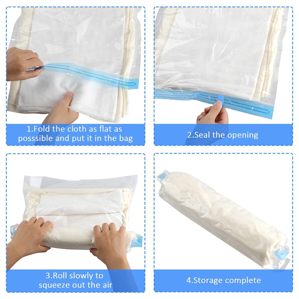 12PCS Compression Bags Travel Reusable Roll Up Vacuum Storage Bags Space Saving Packing Bags for Suitcases Organizer