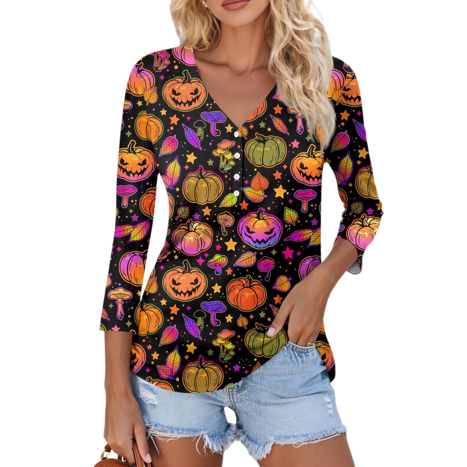 

Женский Повседневный Модный Сексуальный Удобный Топ с V-образным вырезом и рукавом семь восьмых на Хэллоуин L