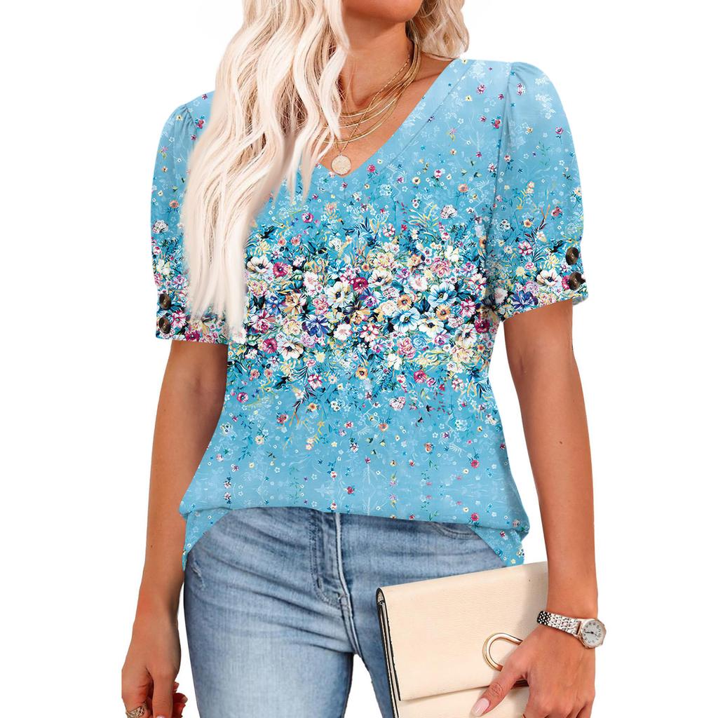 Womens Tops Short Sleeve Shirts Buttons V Neck  Fashion Outfits  Blouses  Casual