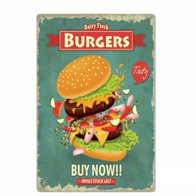 Delicious Hamburger Food Signs Metal Plaques Barbecue Kitchen Restaurant Shop Tin Sign Decorative Posters Retro Iron Painting