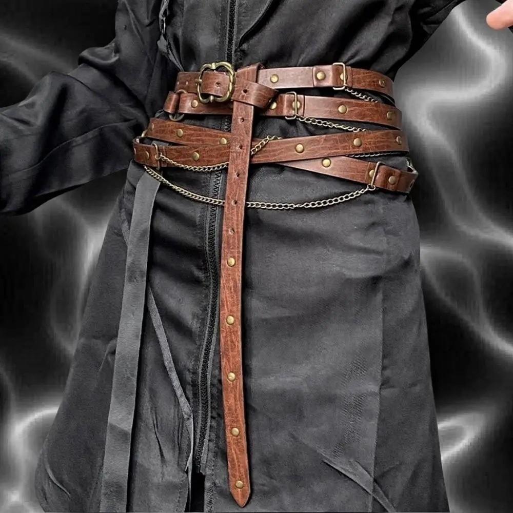 Thin Medieval DIY Faux Leather Belt Metal Pin Buckle Chain Belt Viking Waist Belts  Jeans Matching